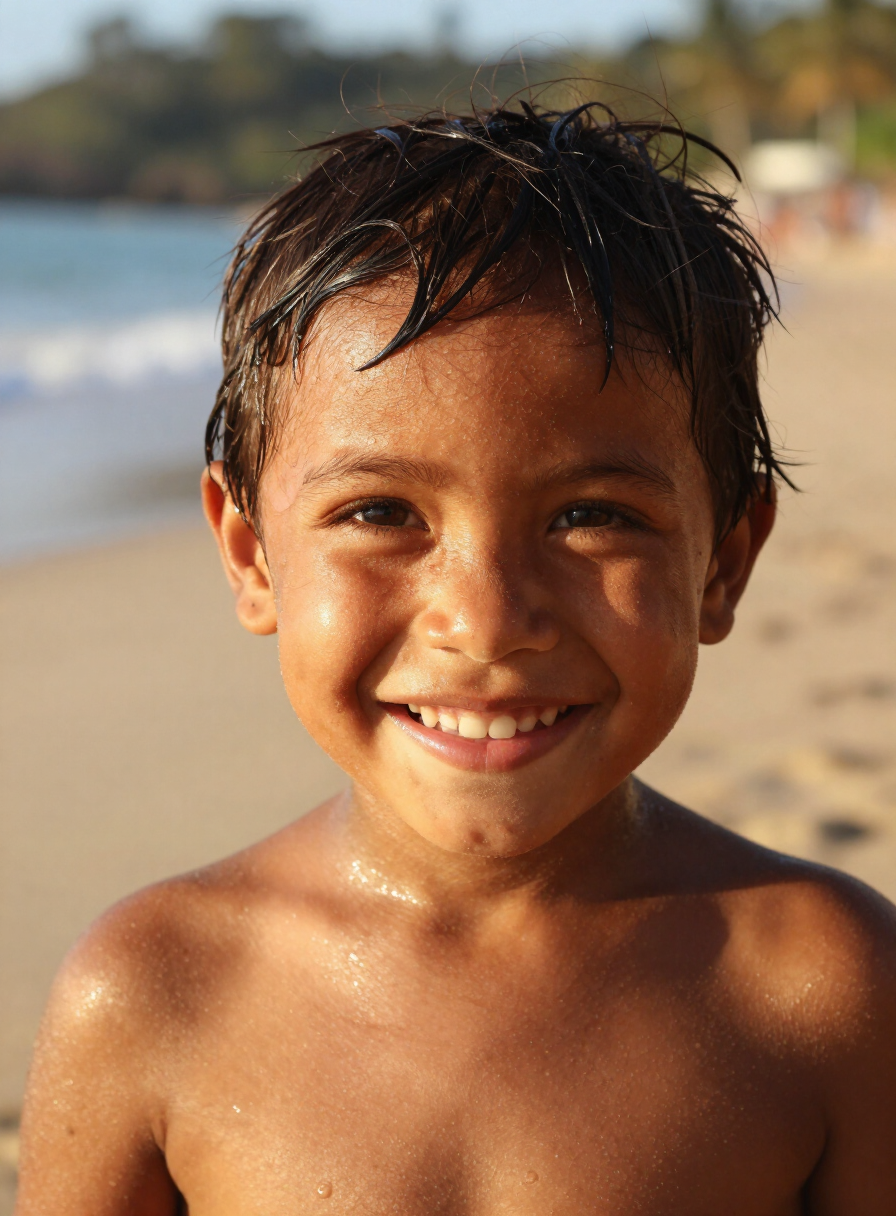 A joyful Costa Rican child on the beach