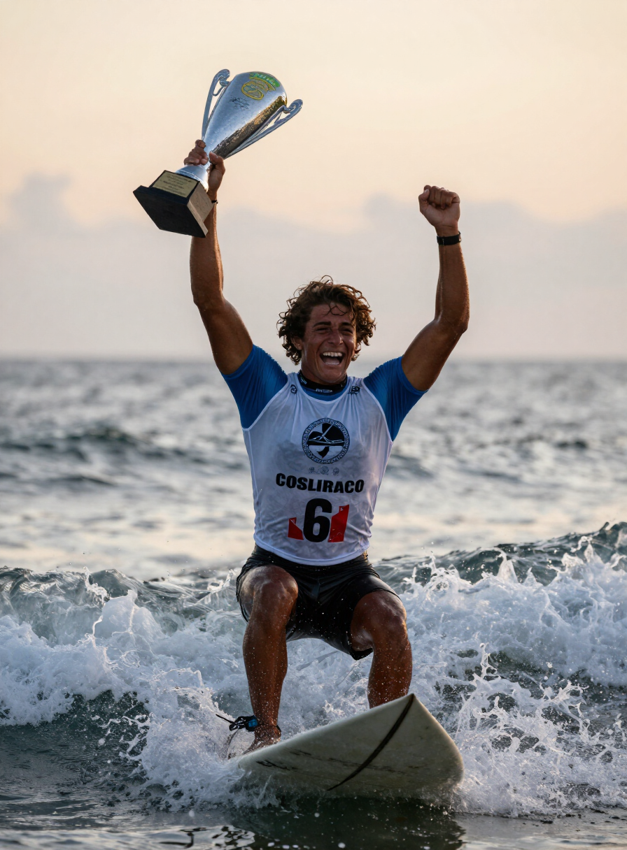 A young surfer celebrating victory with a trophy