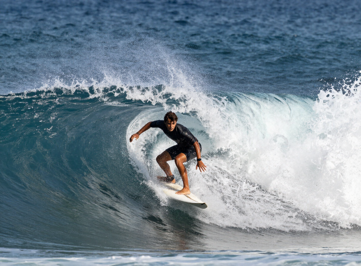 A teenage surfer carving a wave